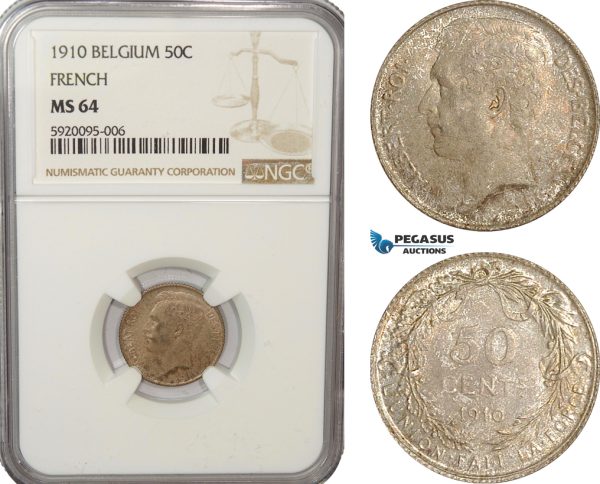 AG211, Belgium, Albert I, 50 Centimes 1910, Silver, NGC MS64 (French Leg.)