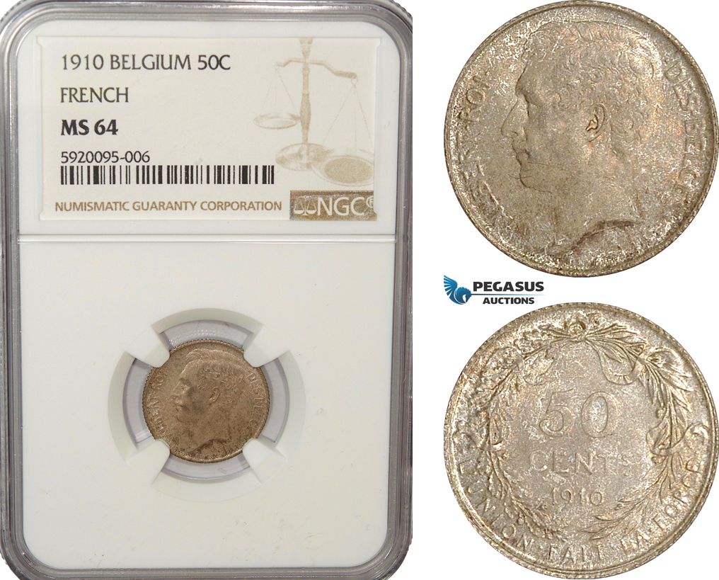 AG211, Belgium, Albert I, 50 Centimes 1910, Silver, NGC MS64 (French Leg.)