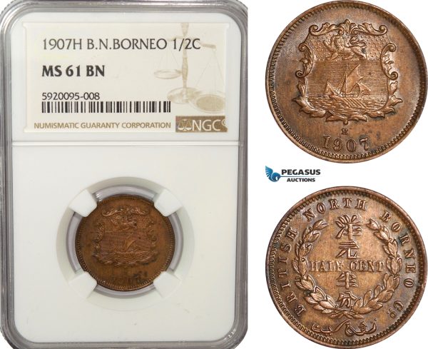 AG212, British North Borneo, 1/2 Cent 1907-H, Heaton, NGC MS61BN, Rare!