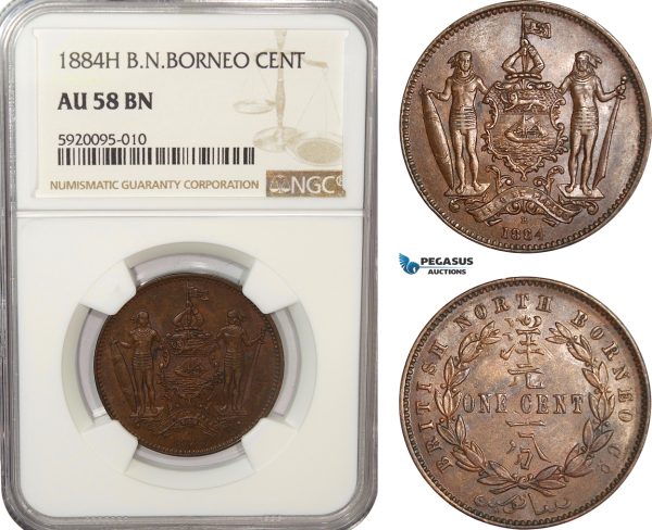 AG214, British North Borneo, 1 Cent 1884-H, Heaton, NGC AU58BN