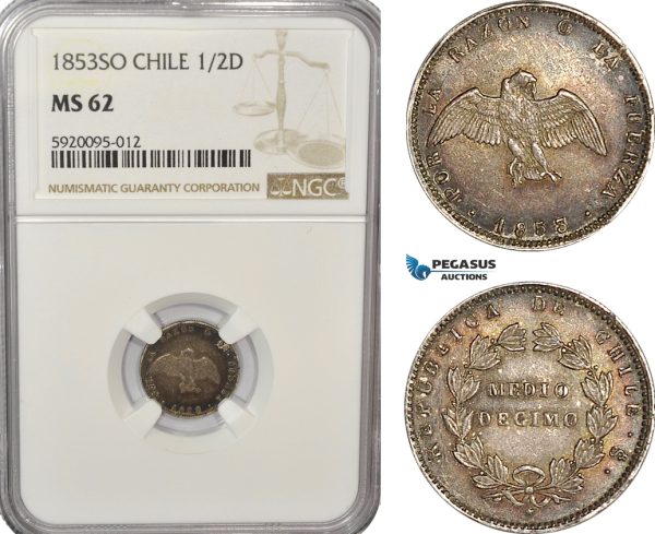 AG216, Chile, 1/2 Decimo 1853-So, Santiago, Silver, NGC MS62