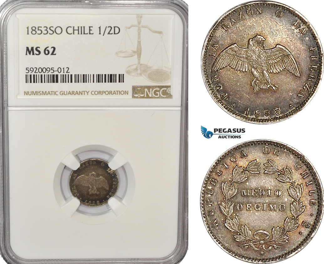 AG216, Chile, 1/2 Decimo 1853-So, Santiago, Silver, NGC MS62