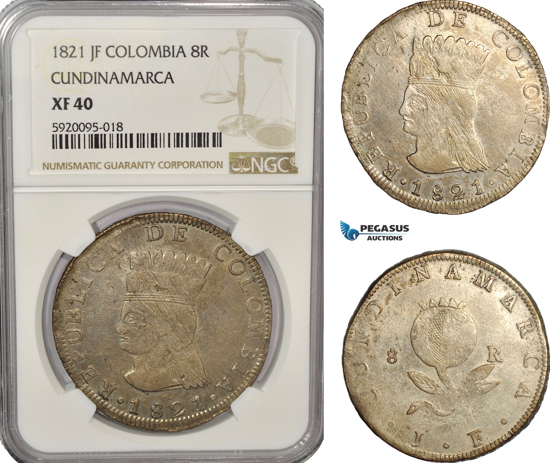 AG218, Colombia, Pre-Rebublican, 8 Reales 1821 JF, Cundinamarca, Silver, NGC XF40