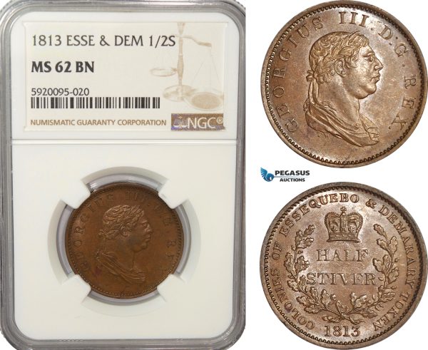 AG219, Essequebo & Demarary, George III, 1/2 Stiver 1813, NGC MS62BN