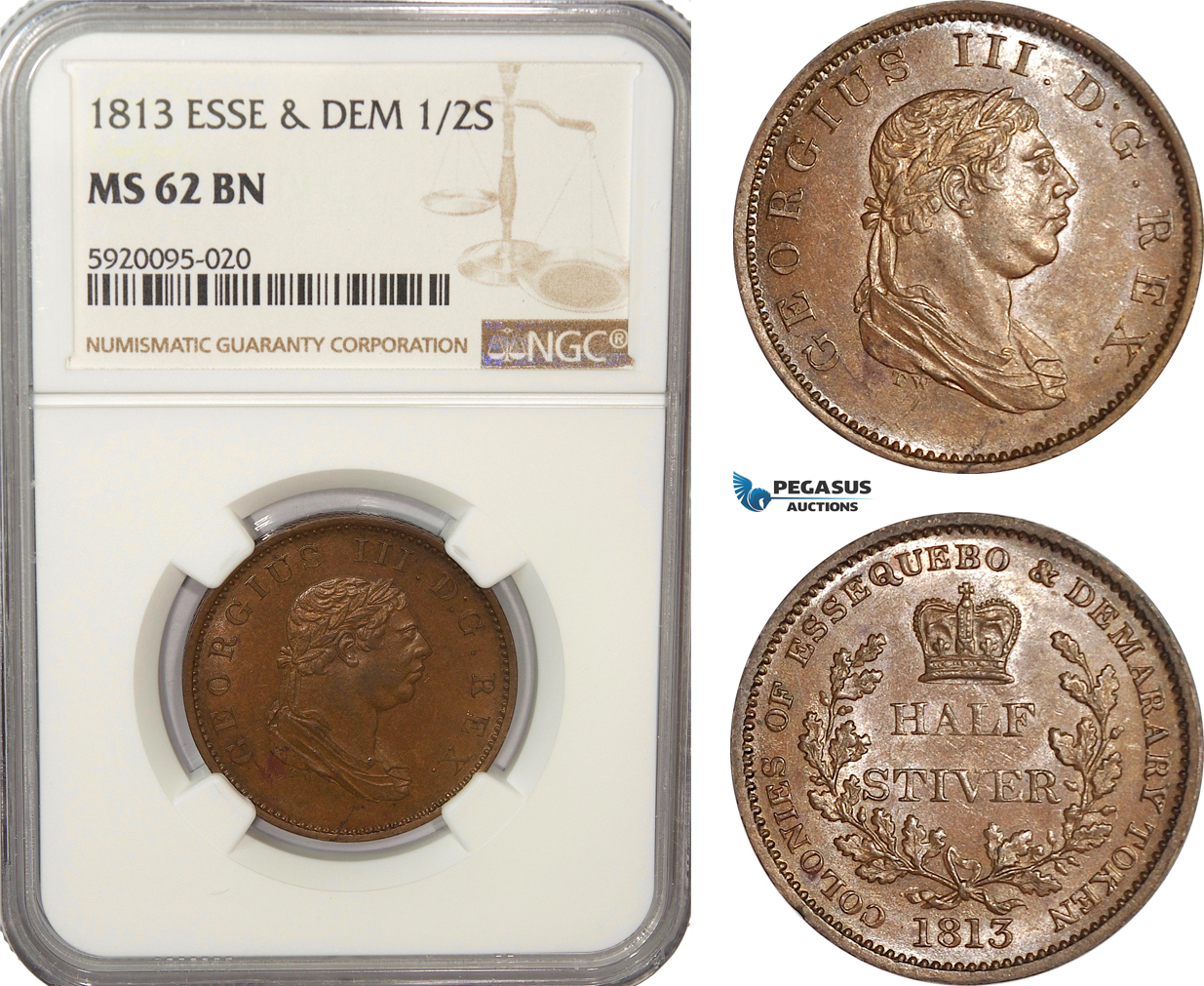 AG219, Essequebo & Demarary, George III, 1/2 Stiver 1813, NGC MS62BN