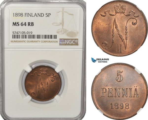 AG221, Finland, Nicholas II. of Russia, 5 Penniä 1898, NGC MS64RB