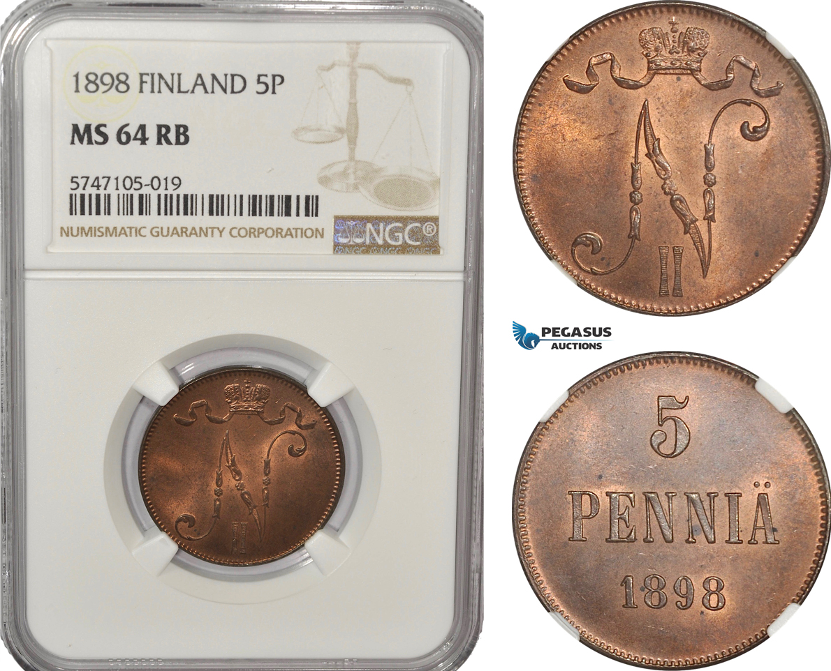 AG221, Finland, Nicholas II. of Russia, 5 Penniä 1898, NGC MS64RB