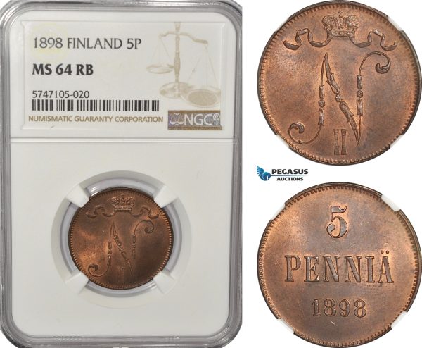 AG222, Finland, Nicholas II. of Russia, 5 Penniä 1898, NGC MS64RB