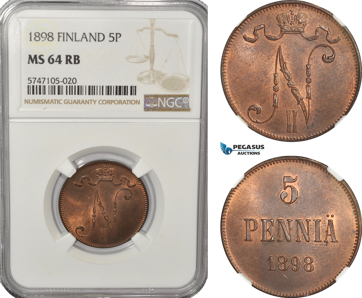 AG222, Finland, Nicholas II. of Russia, 5 Penniä 1898, NGC MS64RB