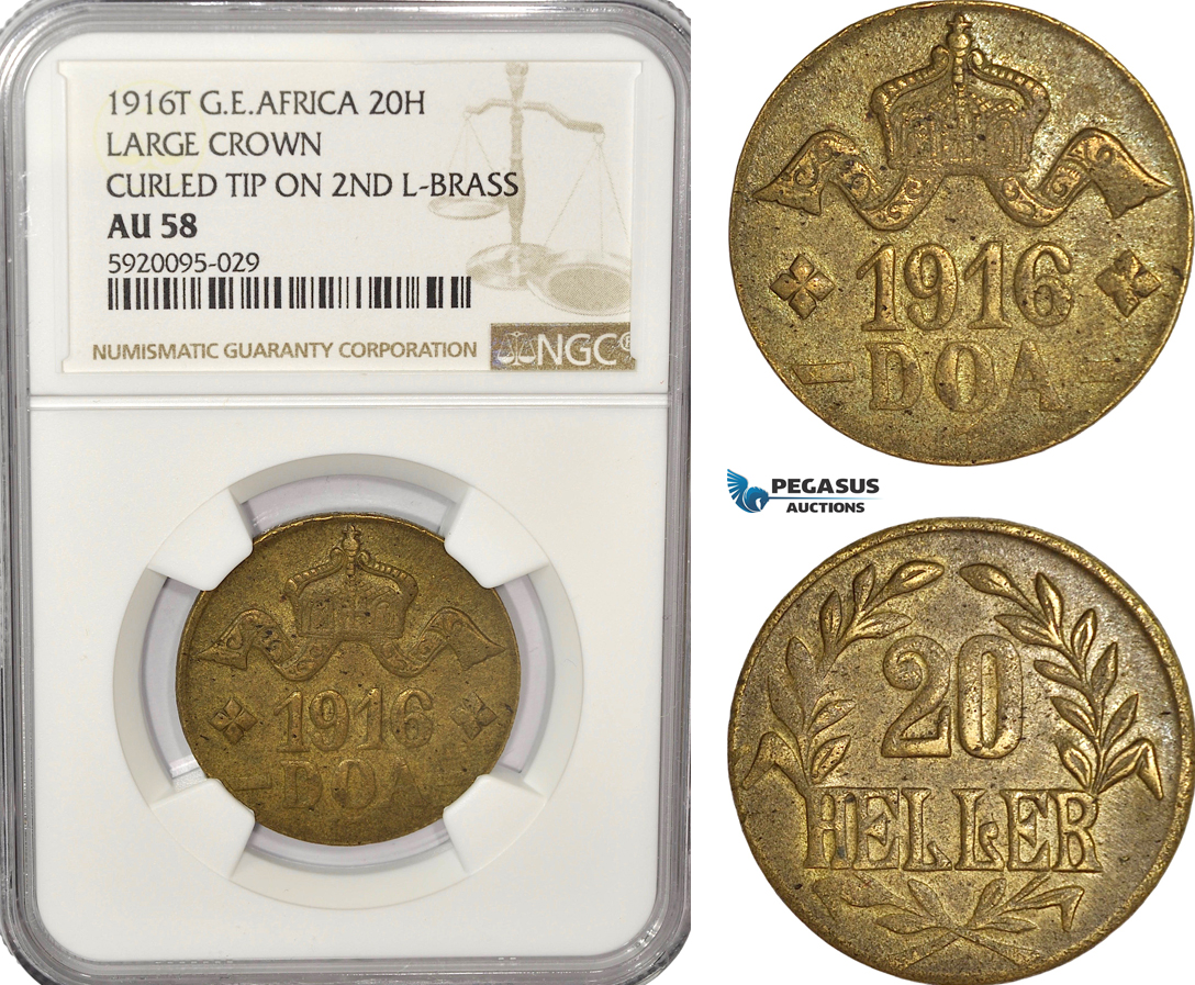 AG229, German East Africa (DOA) 20 Heller 1916-T, Tabora, Large Crown, Curled Tip On 2nd L-Brass, NGC AU58