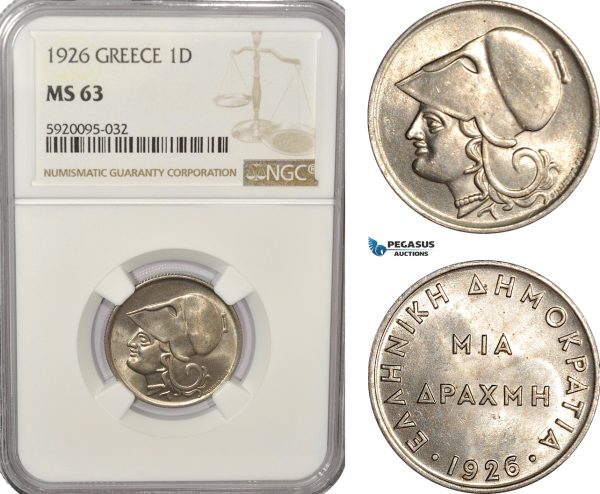 AG232, Greece, Drachma 1926, Silver, NGC MS63