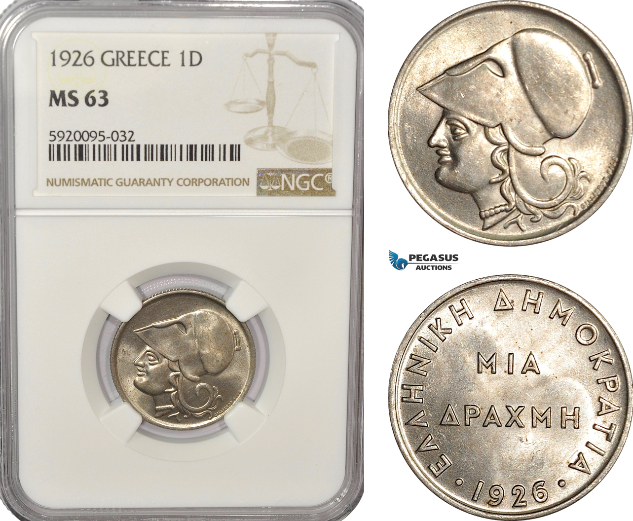AG232, Greece, Drachma 1926, Silver, NGC MS63