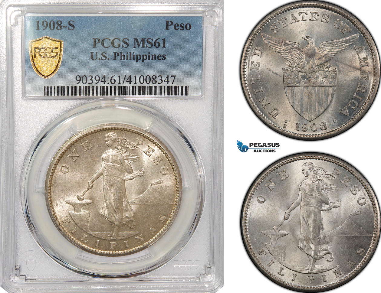 AG291, Philippines (US Administration) Peso 1908-S, San Francisco, Silver, PCGS MS61