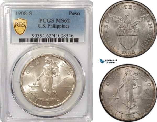 AG292, Philippines (US Administration) Peso 1908-S, San Francisco, Silver, PCGS MS62