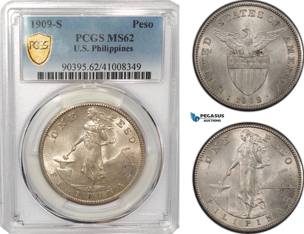 AG293, Philippines (US Administration) Peso 1909-S, San Francisco, Silver, PCGS MS62