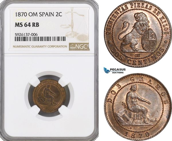 AG311, Spain, Provisional Government, 2 Centimos 1870-OM, Barcelona, NGC MS64RB