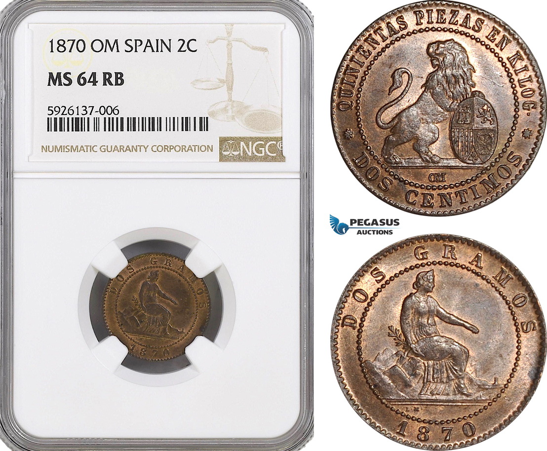 AG311, Spain, Provisional Government, 2 Centimos 1870-OM, Barcelona, NGC MS64RB