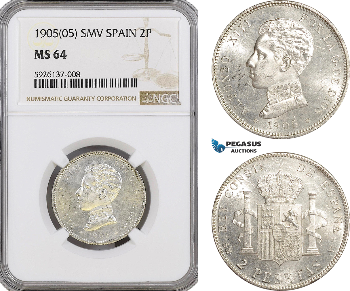 AG313, Spain, Alfonso XIII, 2 Pesetas 1905 SMV, Madrid, NGC MS64