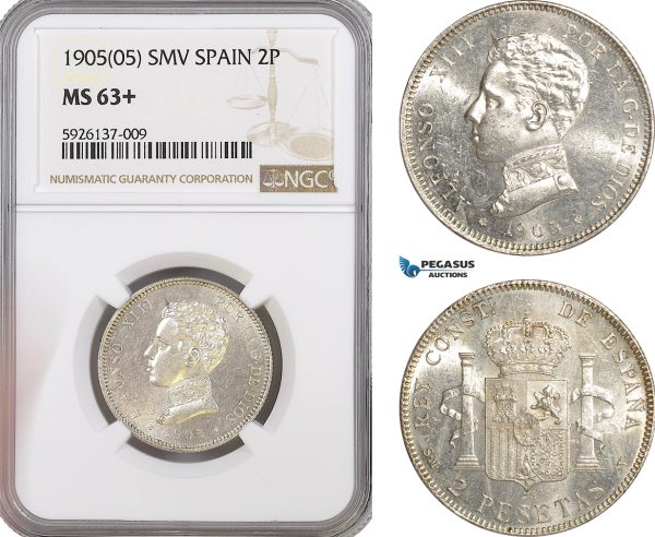 AG314, Spain, Alfonso XIII, 2 Pesetas 1905 SMV, Madrid, NGC MS63+