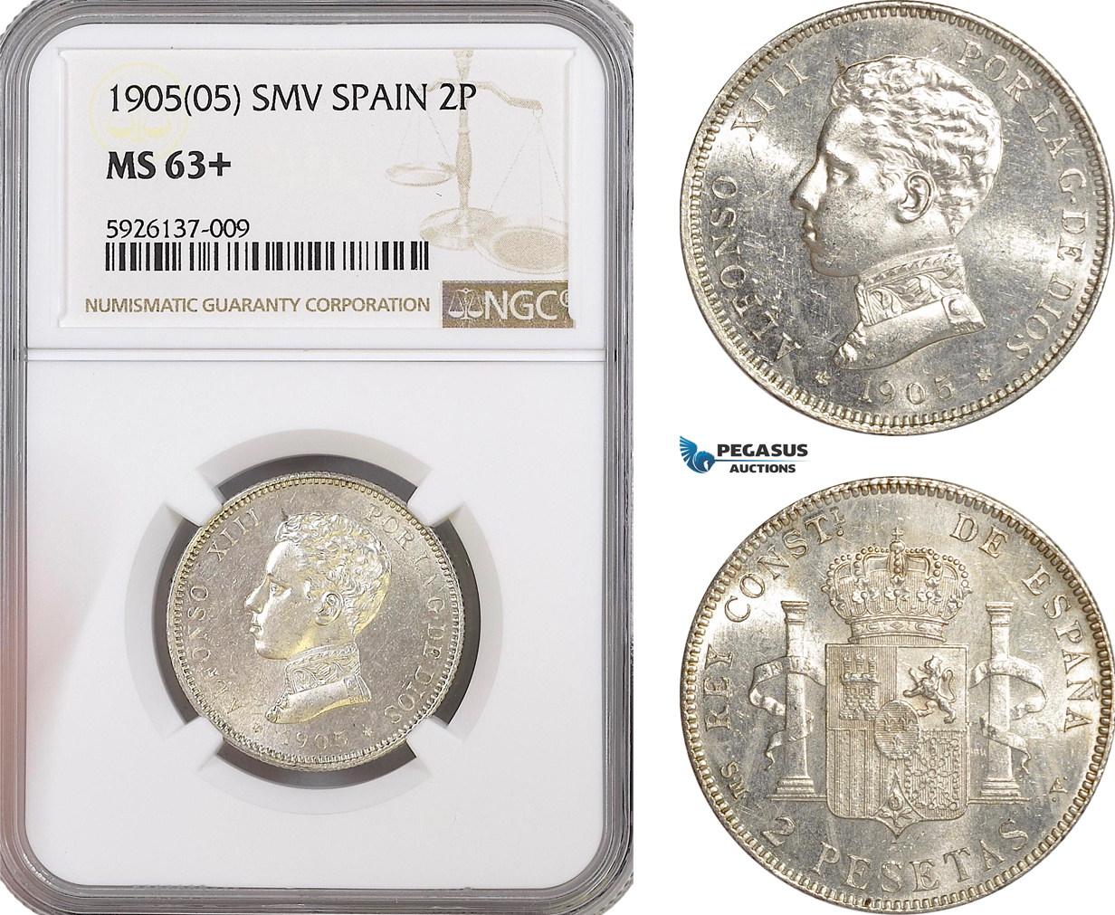 AG314, Spain, Alfonso XIII, 2 Pesetas 1905 SMV, Madrid, NGC MS63+