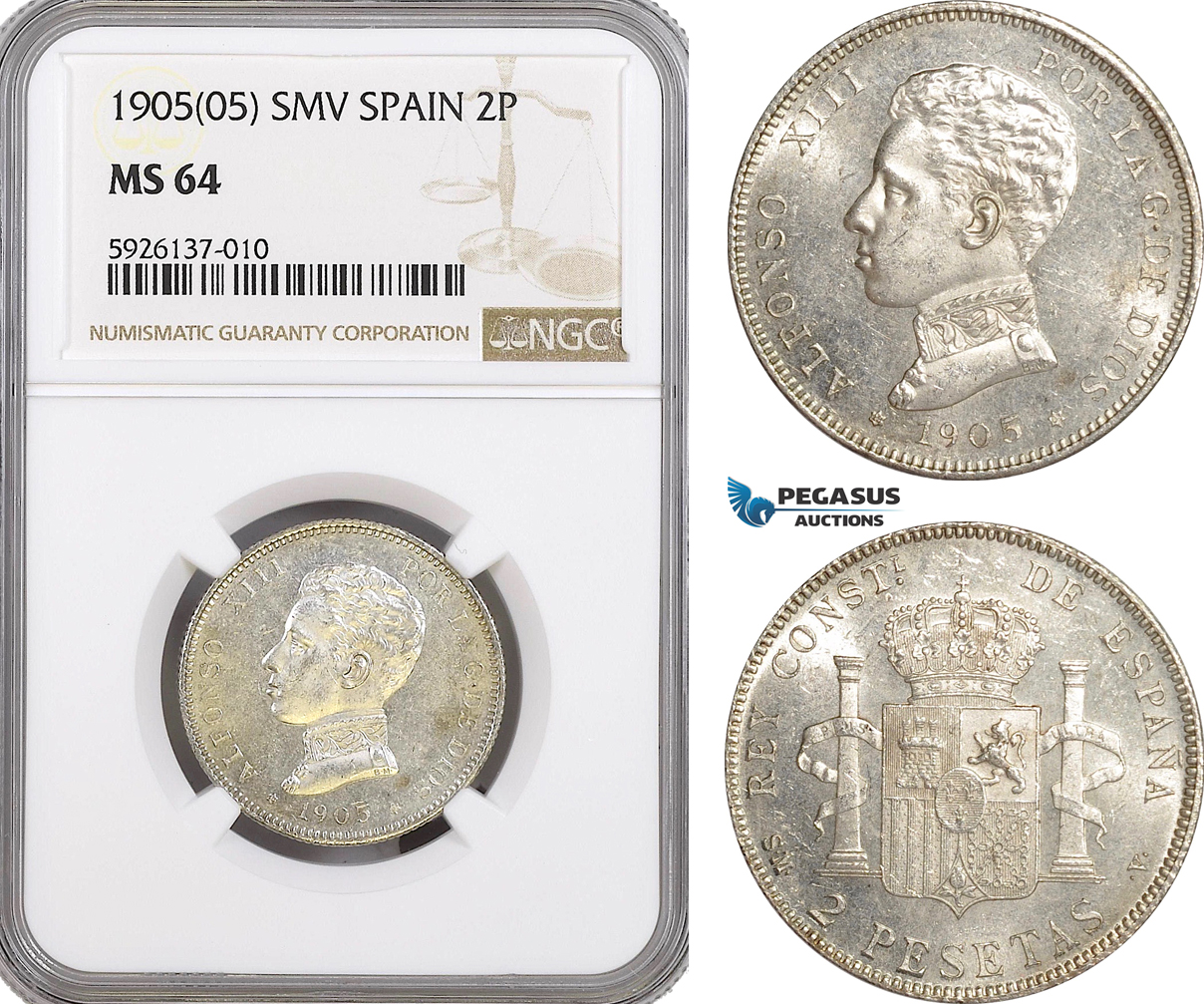 AG315, Spain, Alfonso XIII, 2 Pesetas 1905 SMV, Madrid, NGC MS64