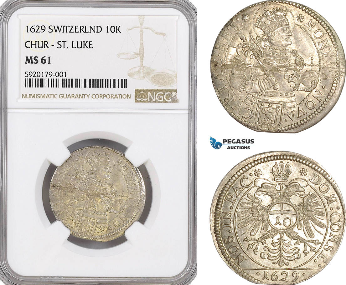 AG326, Switzerland, City of Chur, 10 Kreuzer 1629, St. Luke, NGC MS61