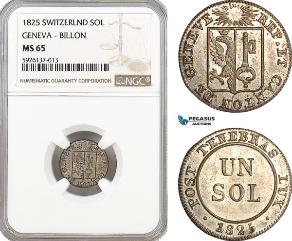 AG327, Switzerland, Geneva, 1 Sol 1825, Billon, NGC MS65