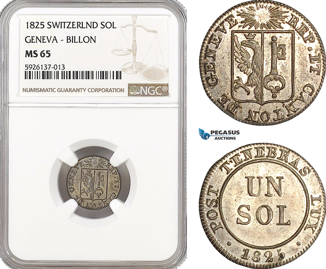 AG327, Switzerland, Geneva, 1 Sol 1825, Billon, NGC MS65
