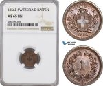 AG328, Switzerland, 1 Rappen 1856-B, Bern, NGC MS65BN