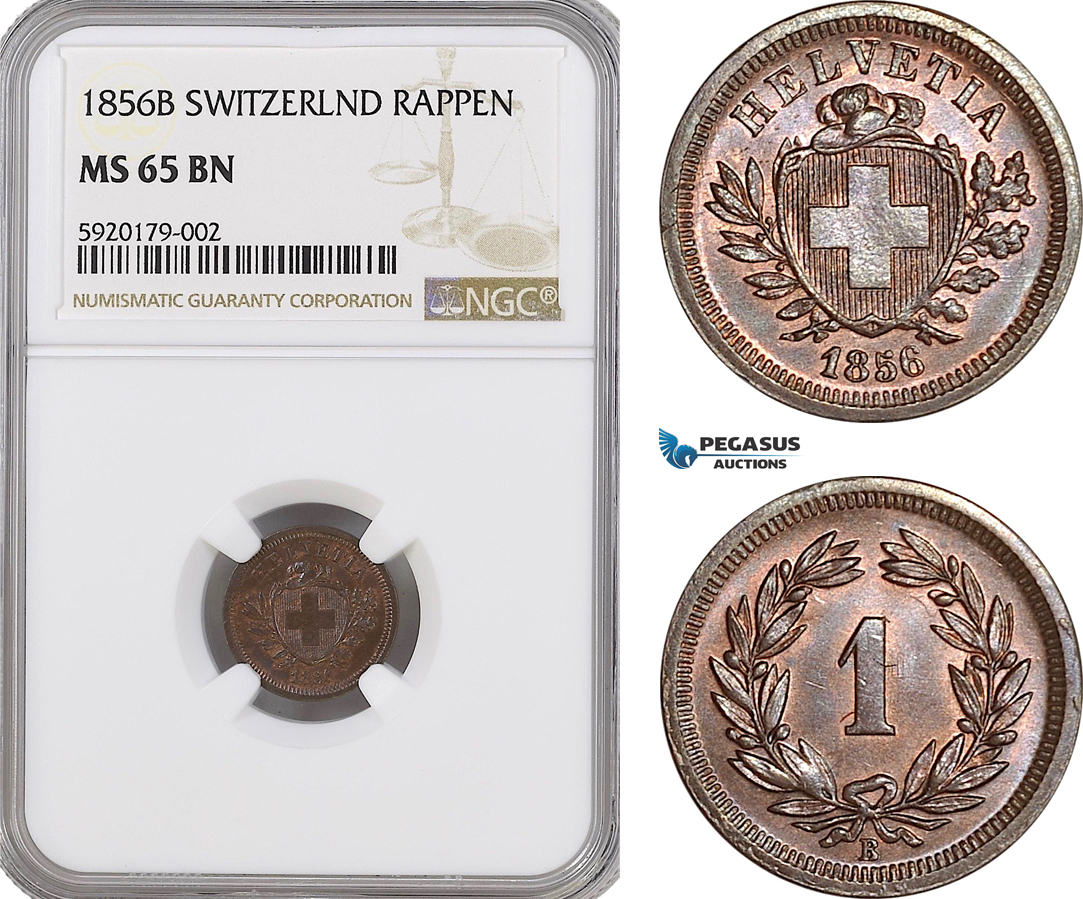 AG328, Switzerland, 1 Rappen 1856-B, Bern, NGC MS65BN