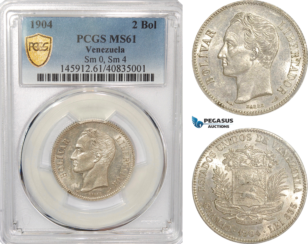 AG332, Venezuela, 2 Bolivares 1904, Paris, Silver, Sm. 0, Sm. 4, PCGS MS61, Pop 1/0