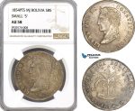 AG342, Bolivia, 8 Soles 1854 PTS MJ, Potosi, Small "S"  Silver, NGC AU58, Pop 1/0