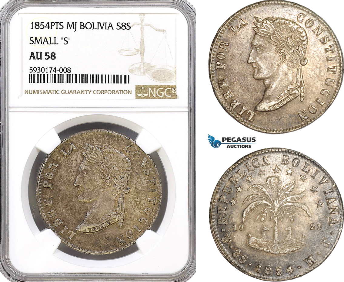 AG342, Bolivia, 8 Soles 1854 PTS MJ, Potosi, Small "S"  Silver, NGC AU58, Pop 1/0