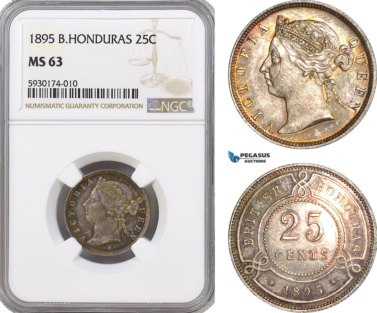 AG344, British Honduras, Victoria, 25 Cents 1895, Silver, NGC MS63, Pop 1/0