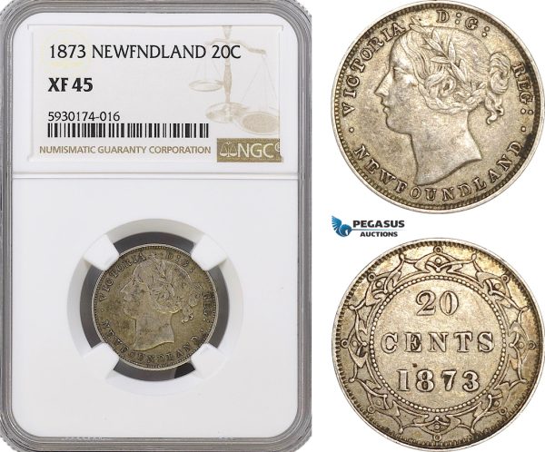 AG357, Canada, Newfoundland, Victoria, 20 Cents 1873, Silver, NGC XF45