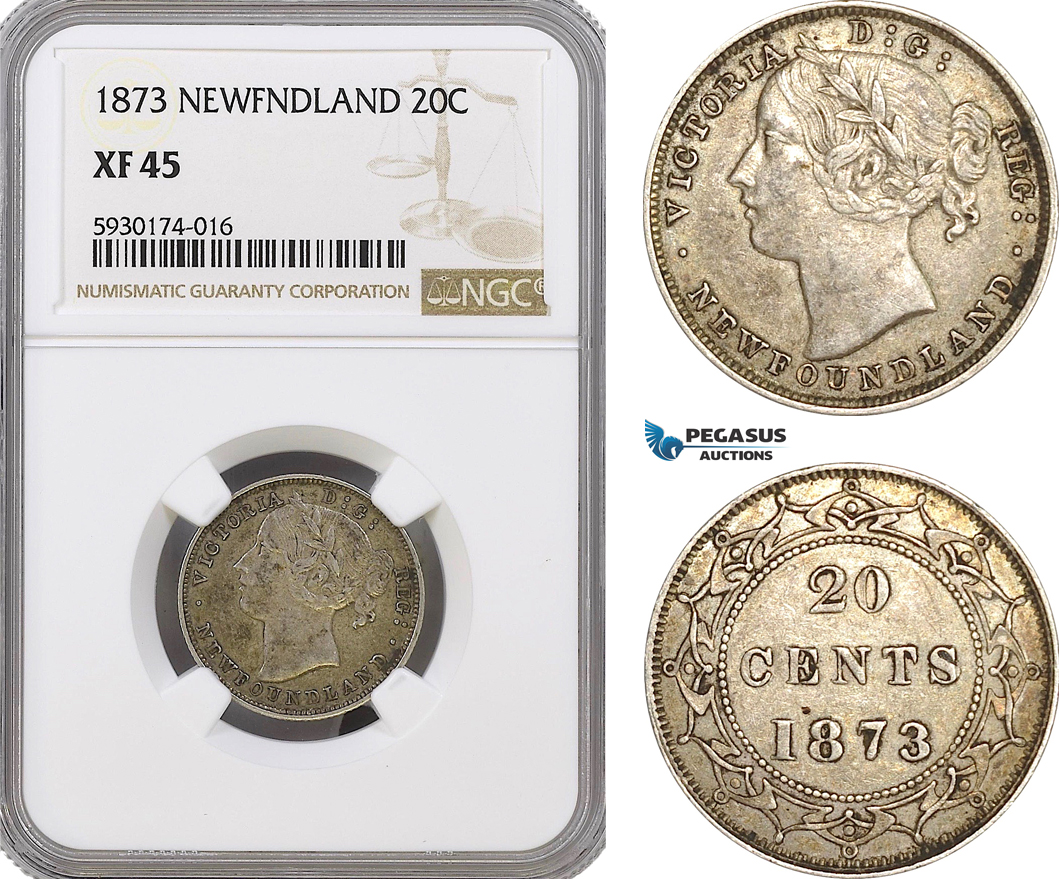 AG357, Canada, Newfoundland, Victoria, 20 Cents 1873, Silver, NGC XF45