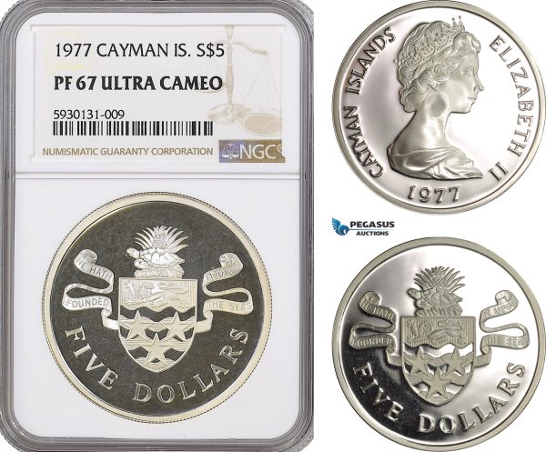 AG358, Cayman Islands, Elizabeth II, 5 Dollars 1977, Silver, NGC PF67 Ultra Cameo, Pop 1/3