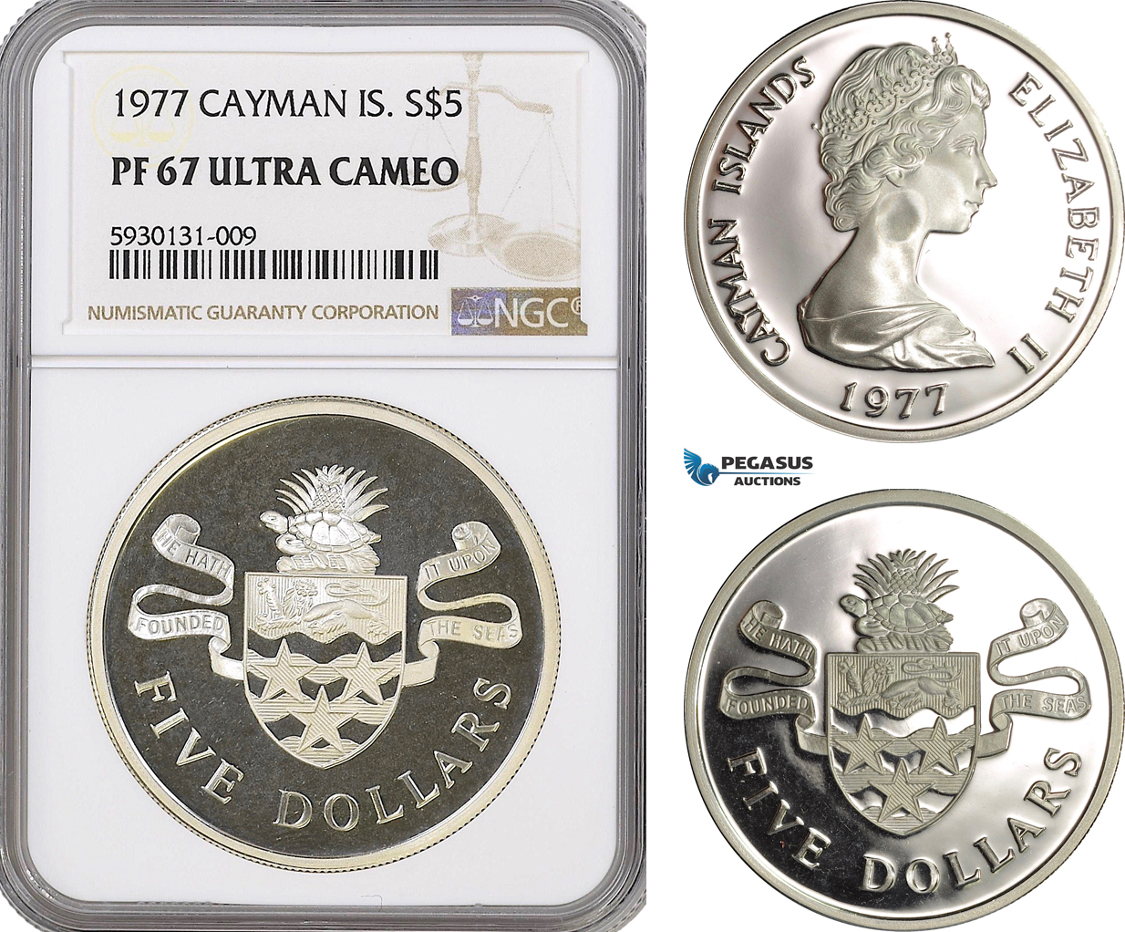 AG358, Cayman Islands, Elizabeth II, 5 Dollars 1977, Silver, NGC PF67 Ultra Cameo, Pop 1/3