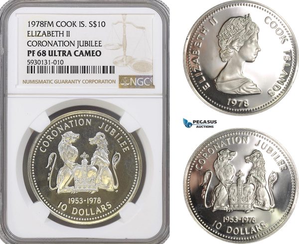 AG360, Cook Islands, Elizabeth II, 10 Dollars 1978, Silver, Coronation Jubilee, NGC PF68 Ultra Cameo, Pop 2/1
