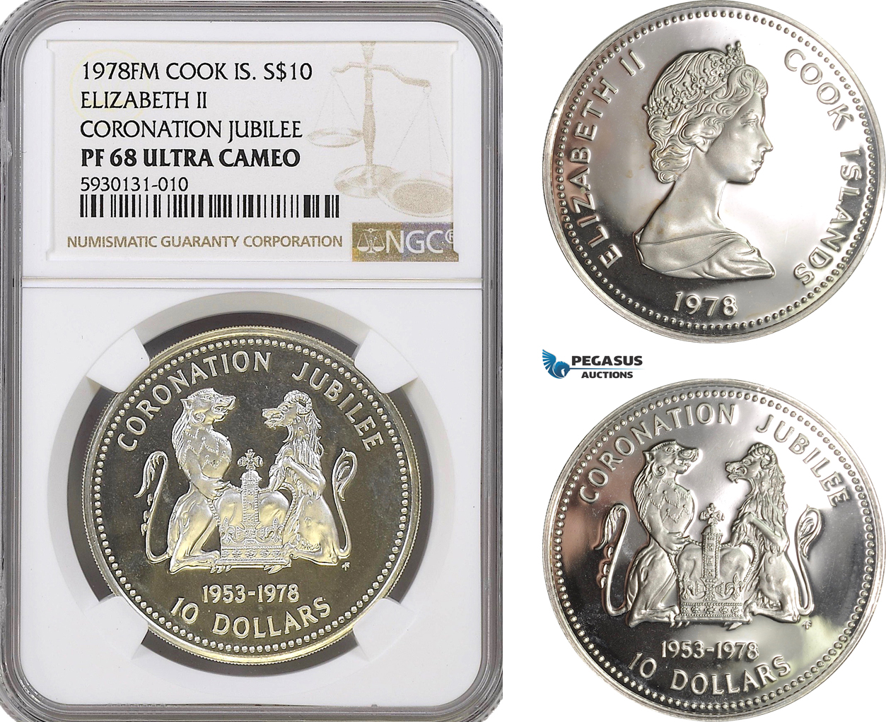 AG360, Cook Islands, Elizabeth II, 10 Dollars 1978, Silver, Coronation Jubilee, NGC PF68 Ultra Cameo, Pop 2/1