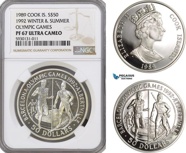 AG361, Cook Islands, Elizabeth II, 50 Dollars 1989, 1992 Olympic Games & Winter Olympic Games, Silver, NGC PF67 Ultra Cameo, Pop 1/0