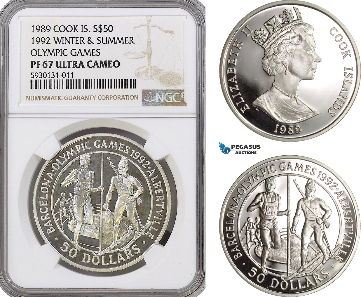 AG361, Cook Islands, Elizabeth II, 50 Dollars 1989, 1992 Olympic Games & Winter Olympic Games, Silver, NGC PF67 Ultra Cameo, Pop 1/0