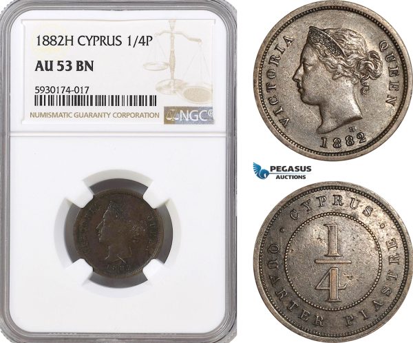 AG362, Cyprus, Victoria, 1/4 Piastre 1882-H, Heaton, NGC AU53BN