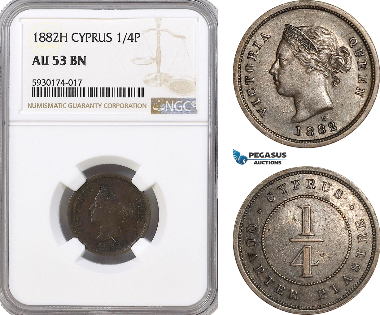 AG362, Cyprus, Victoria, 1/4 Piastre 1882-H, Heaton, NGC AU53BN