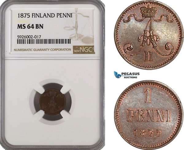 AG363, Finland, Alexander II. of Russia, 1 Penni 1875, NGC MS64BN