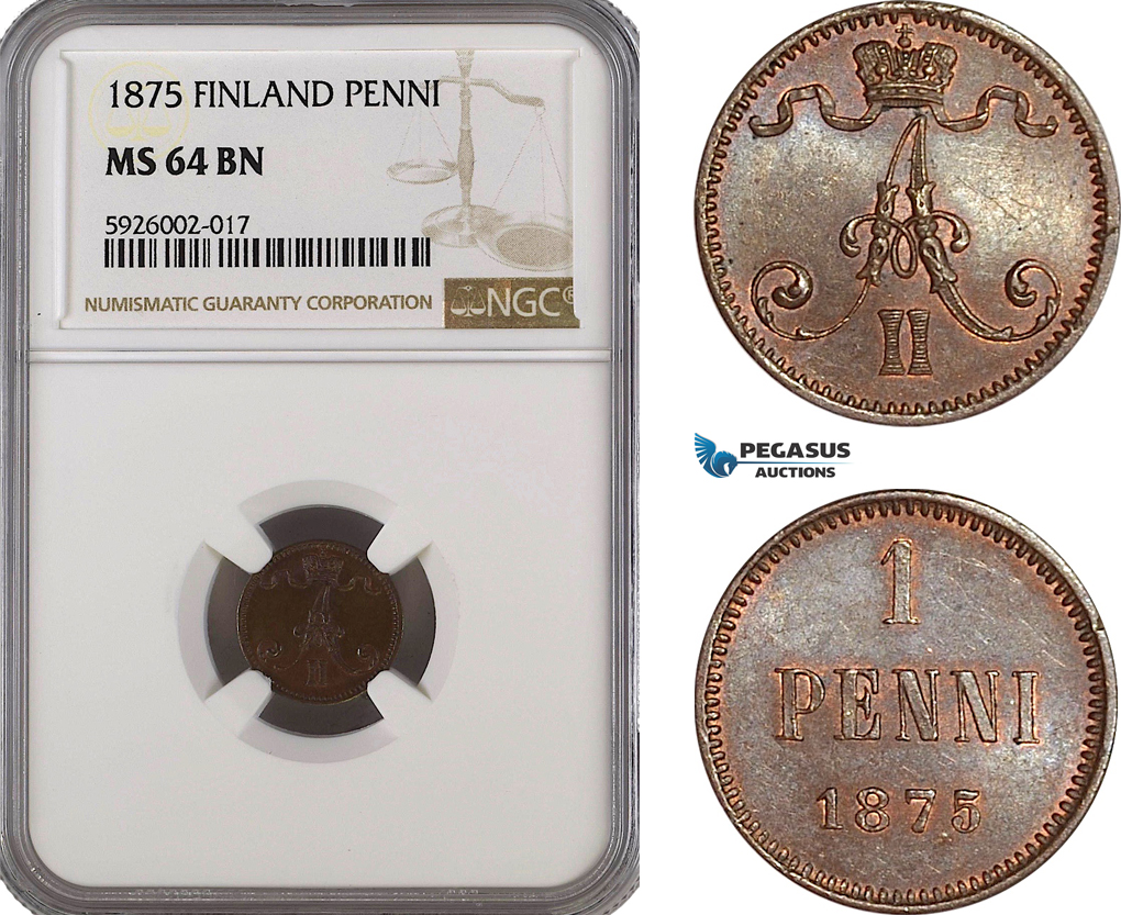 AG363, Finland, Alexander II. of Russia, 1 Penni 1875, NGC MS64BN