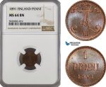 AG364, Finland, Alexander III. of Russia, 1 Penni 1891, NGC MS64BN