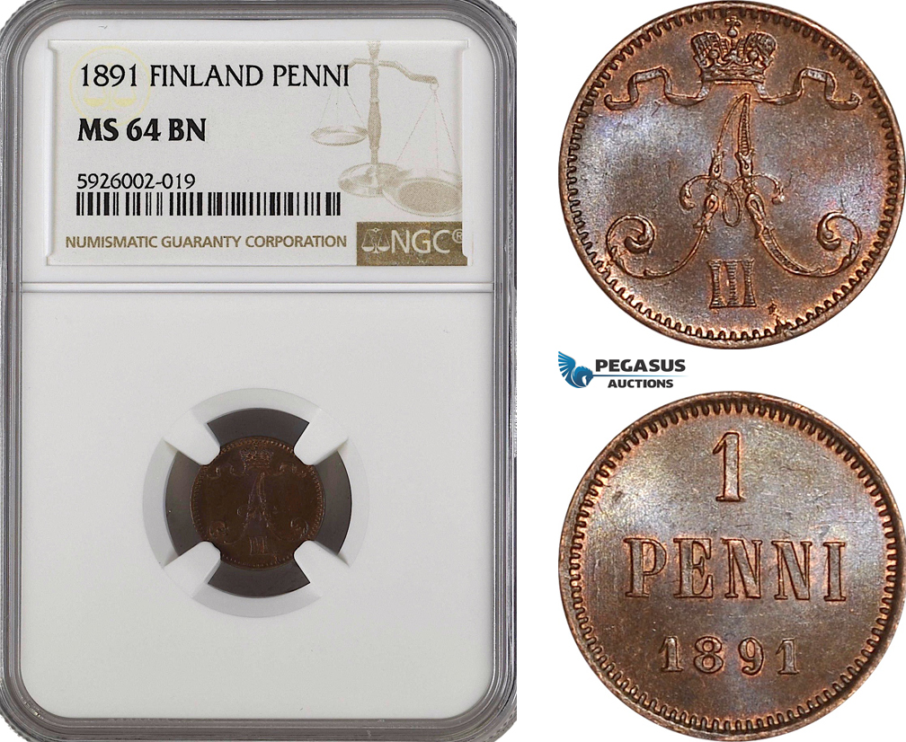 AG364, Finland, Alexander III. of Russia, 1 Penni 1891, NGC MS64BN