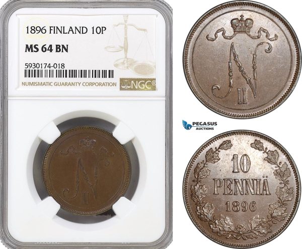 AG365, Finland, Nicholas II. of Russia, 10 Pennia 1896, NGC MS64BN