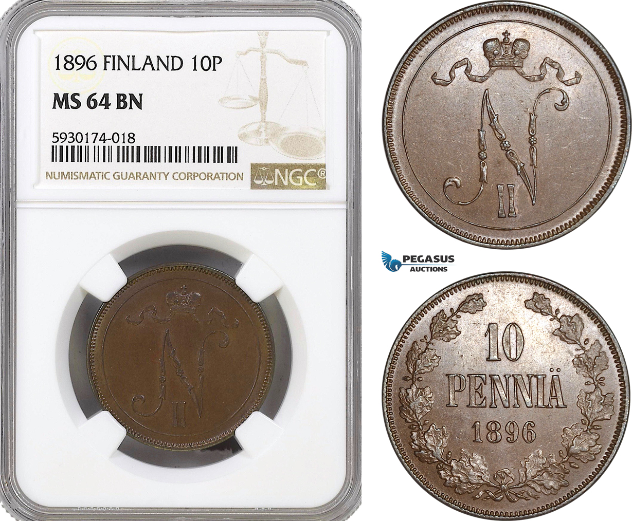 AG365, Finland, Nicholas II. of Russia, 10 Pennia 1896, NGC MS64BN